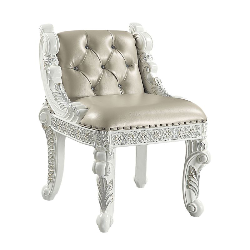 ACME Vanaheim Vanity Stool, Beige Synthetic Leather & Antique White Finish