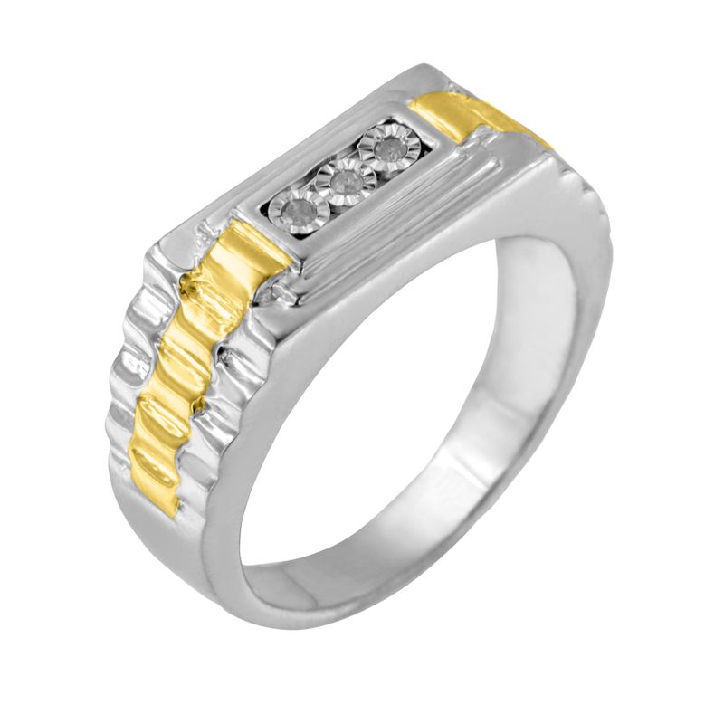 10K Yellow Gold Plated .925 Sterling Silver Diamond Accent Miracle-Set 3 Stone Ridged Band Gentlemen's Fashion Ring (I-J Color, I2-I3 Clarit