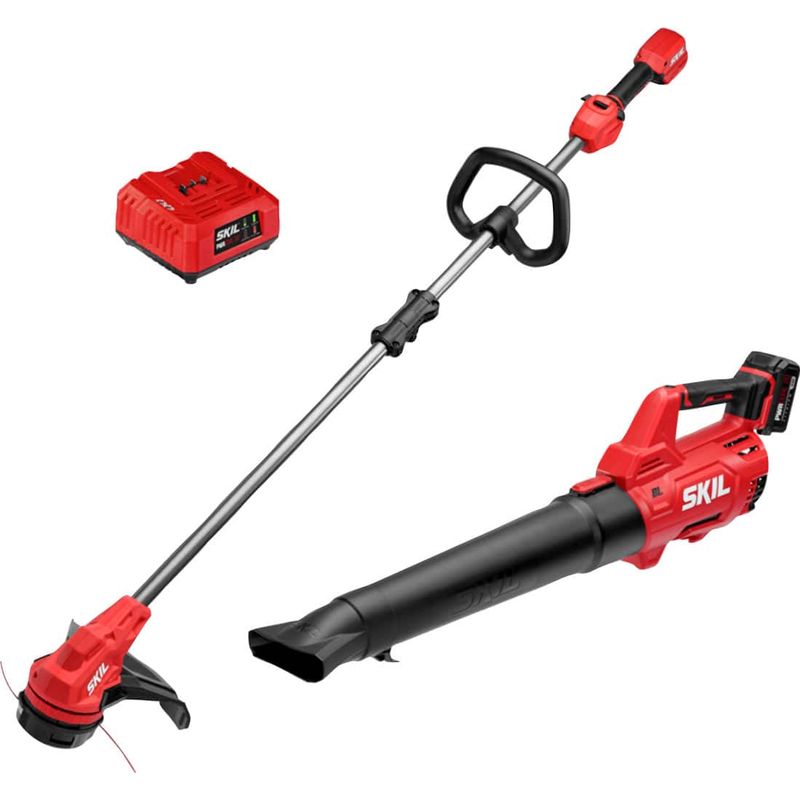 Skil - 20-Volt 13-Inch Cutting Diameter Brushless Grass Trimmer and 400 CFM Leaf Blower (1 x 4.0Ah Battery and 1 x Charger) - Red/Black