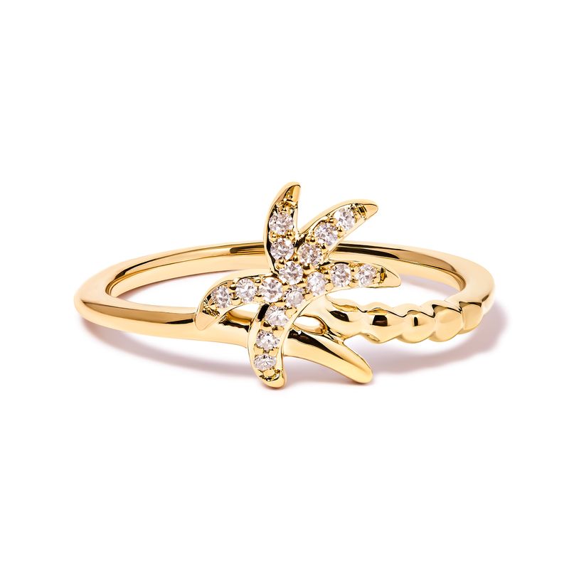 10K Yellow Gold 1/10 Cttw Diamond Palm Tree Statement Ring (H-I Color, I1-I2 Clarity) - Ring Size 7