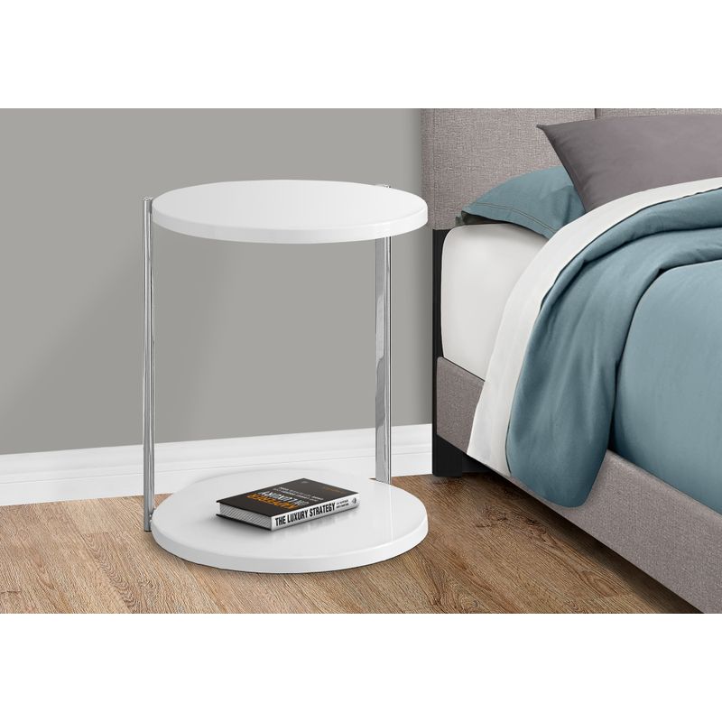 Accent Table/ Round/ Side/ End/ Nightstand/ Lamp/ Living Room/ Bedroom/ Metal/ Laminate/ Glossy White/ Chrome/ Contemporary/ Modern