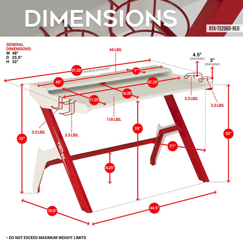 Ergonomic Computer Gaming Desk Workstation with Cupholder & Headphone Hook, Red