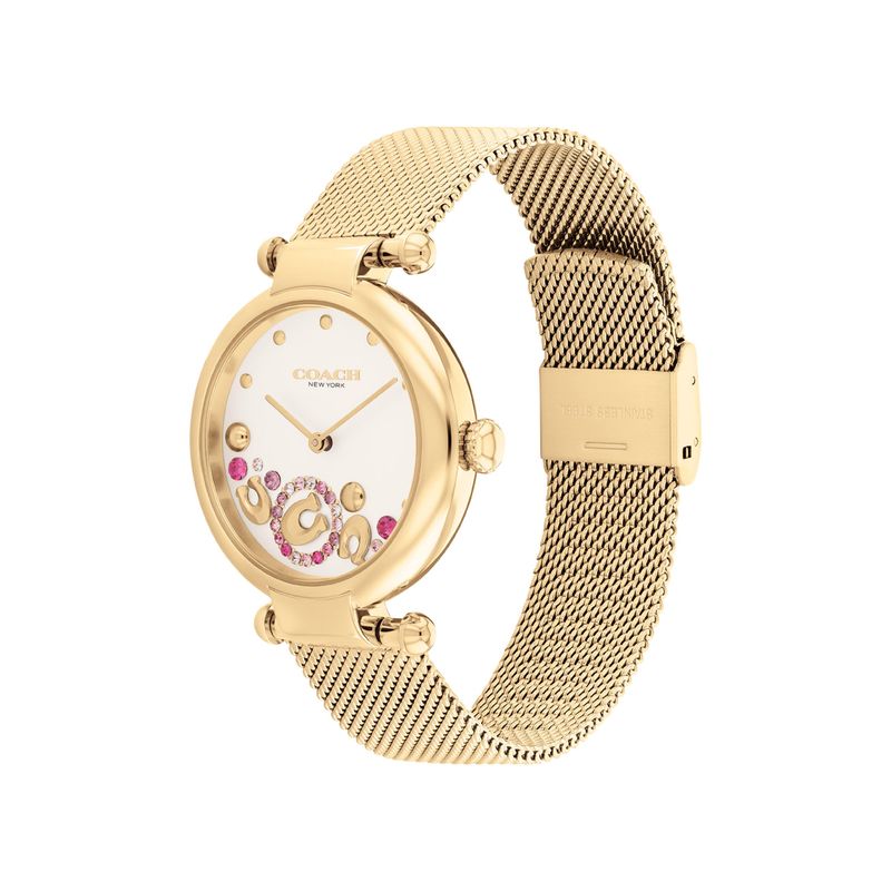 Coach  - Ladies Cary Gold-Tone Stainless Steel Mesh Watch Pink Crystal Accent Dial