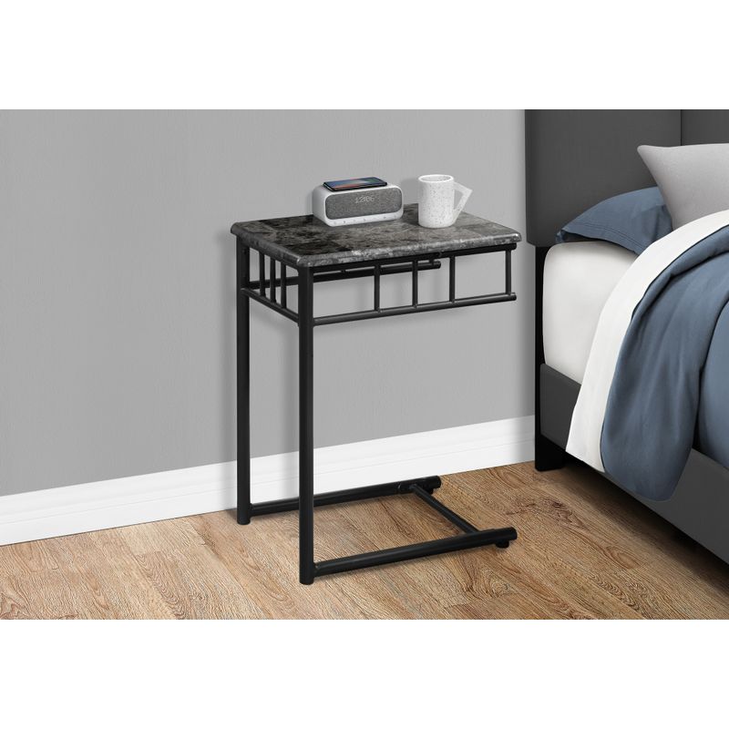 Accent Table/ C-shaped/ End/ Side/ Snack/ Living Room/ Bedroom/ Metal/ Laminate/ Grey Marble Look/ Black/ Transitional