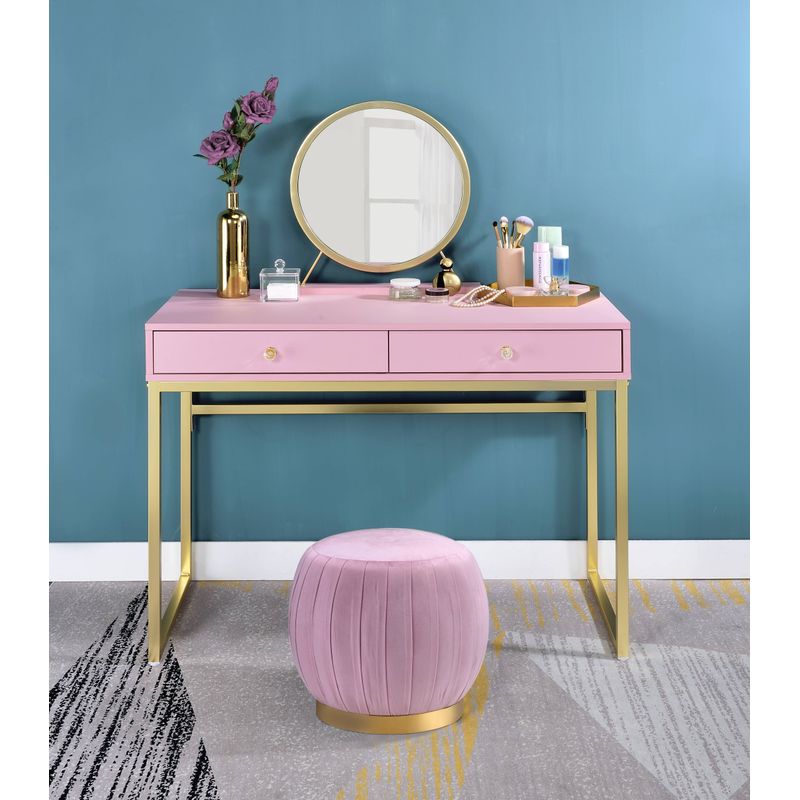 ACME Coleen Vanity Desk w/Mirror & Jewelry Tray, Pink & Gold Finish