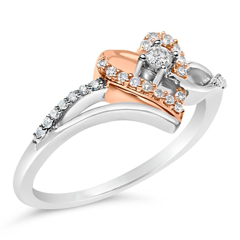 10K Rose Gold Plated .925 Sterling Silver 1/5 Cttw Diamond Two Tone Open Heart Promise or Fashion Ring (I-J Color, I2-I3 Clarity) - Size 7-1