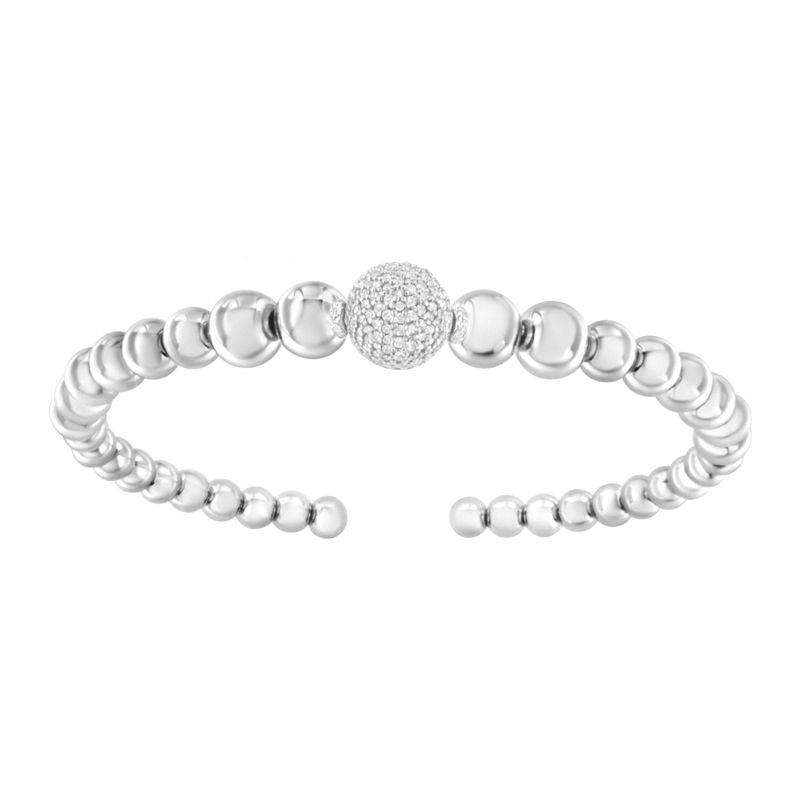 .925 Sterling Silver 1/6 Cttw Diamond Rondelle Graduated Ball Bead Cuff Bangle Bracelet (I-J color, I2-I3 clarity) - Fits wrists up to 7 1/2