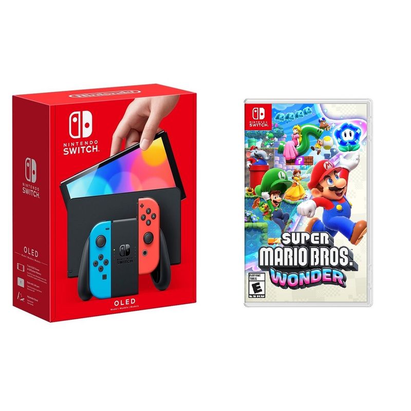 Nintendo - Switch OLED Neon (Red/Blue) + Super Mario Wonder BUNDLE