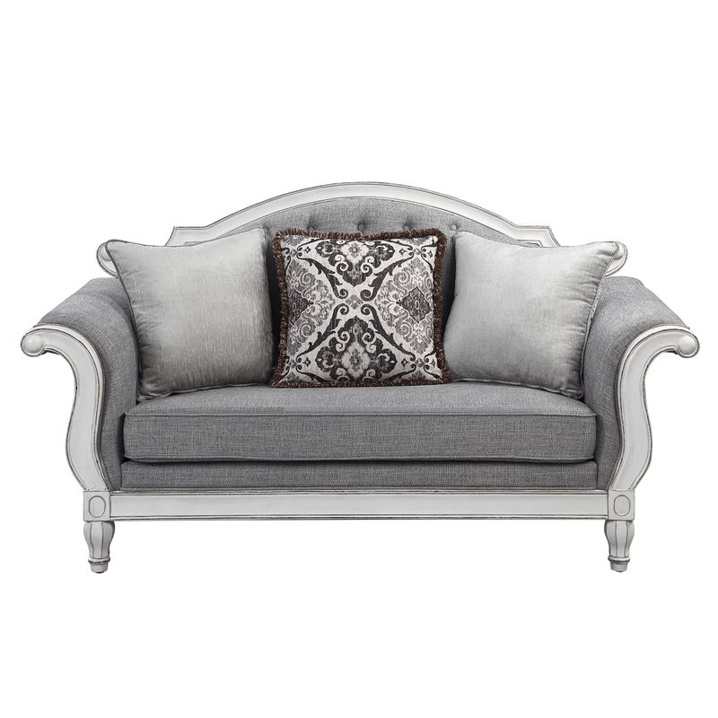 ACME Florian Loveseat w/3 Pillows, Gray Fabric & Antique White Finish