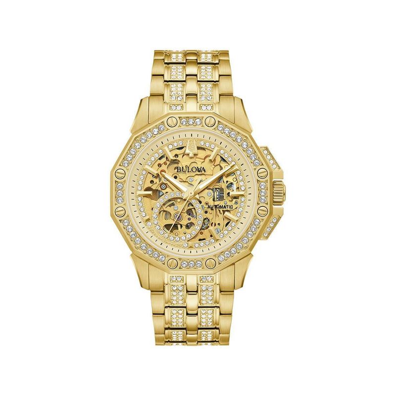 Bulova - Mens Octava Automatic Gold-Tone Crystal Watch Skeleton Dial