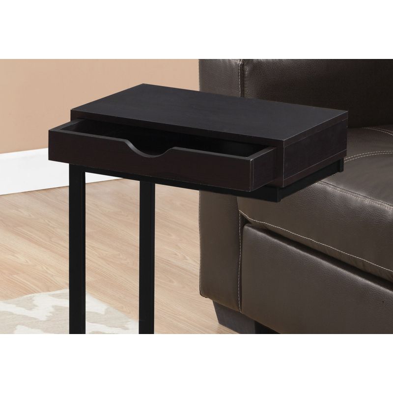 Accent Table/ C-shaped/ End/ Side/ Snack/ Storage Drawer/ Living Room/ Bedroom/ Metal/ Laminate/ Brown/ Black/ Contemporary/ Modern