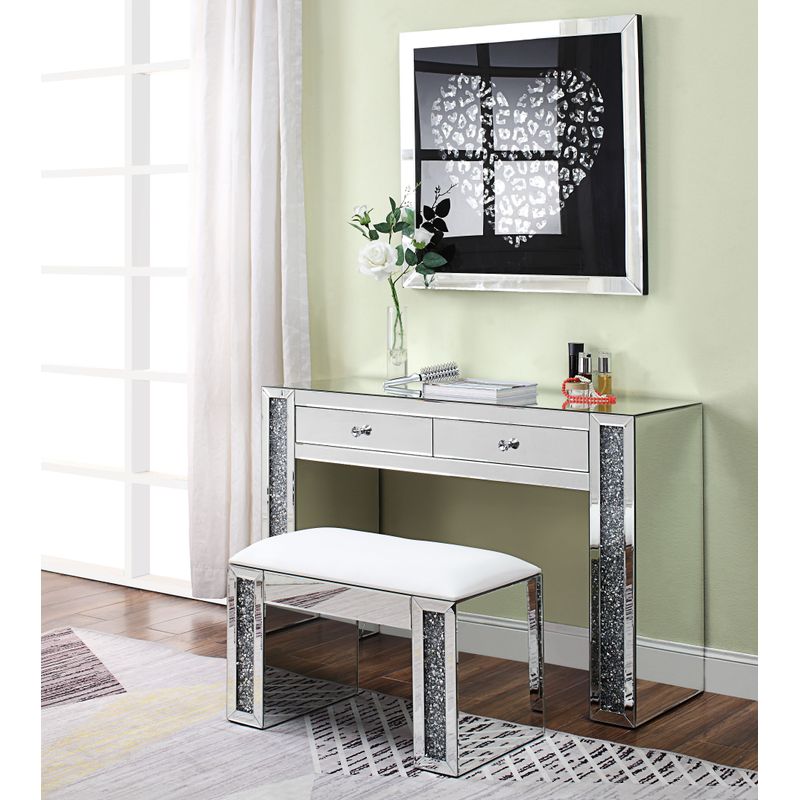 ACME Noralie Vanity Stool, Synthetic Leather, Mirrored & Faux Diamonds
