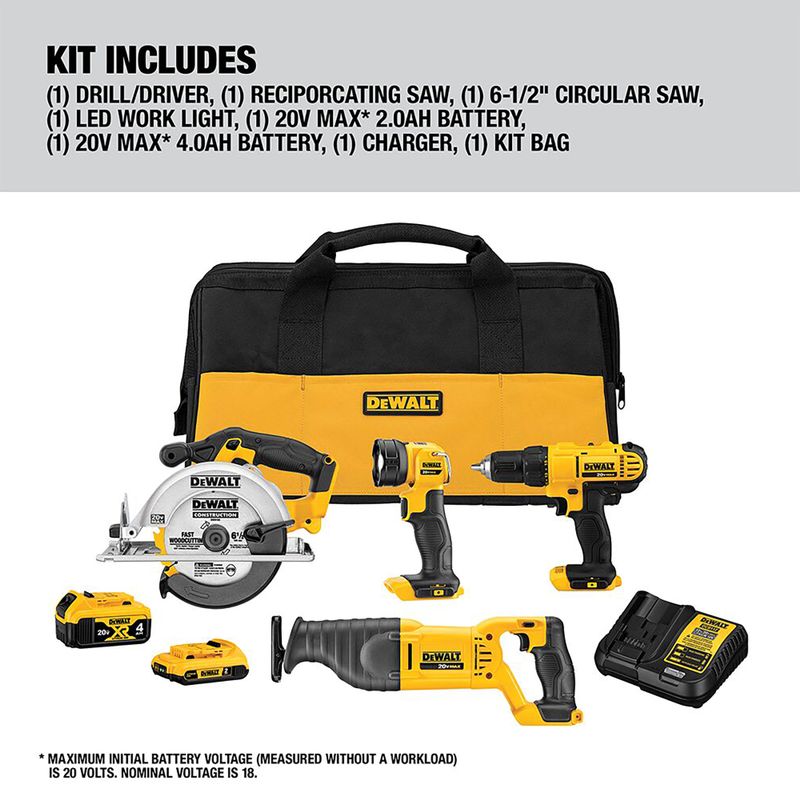 DeWalt - 20V MAX Cordless 4-Tool Combo Kit - Drill Circular Saw Recip Saw Worklight