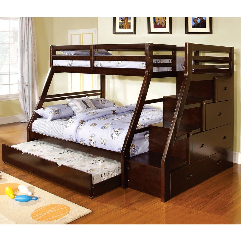 Transitional Wood Twin over Full Storage Bunk Bed in Dark Walnut