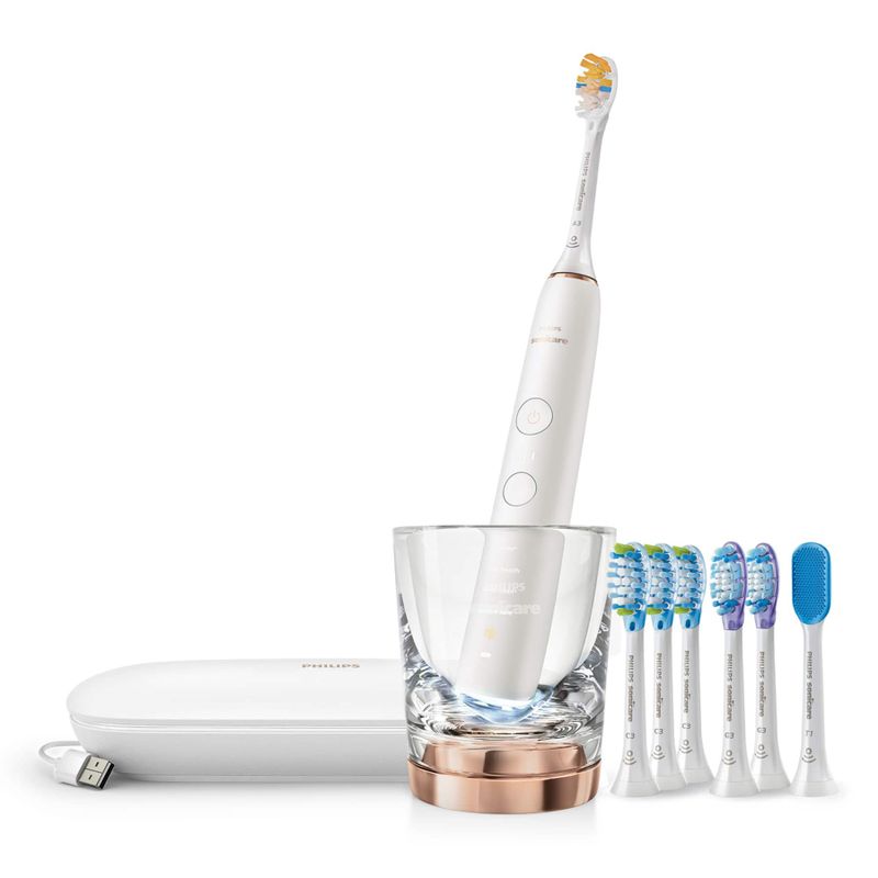 Philips Sonicare DiamondClean Smart Electric Rechargeable toothbrush with Charging Travel Case and 8 Brush Heads - Rose Gold