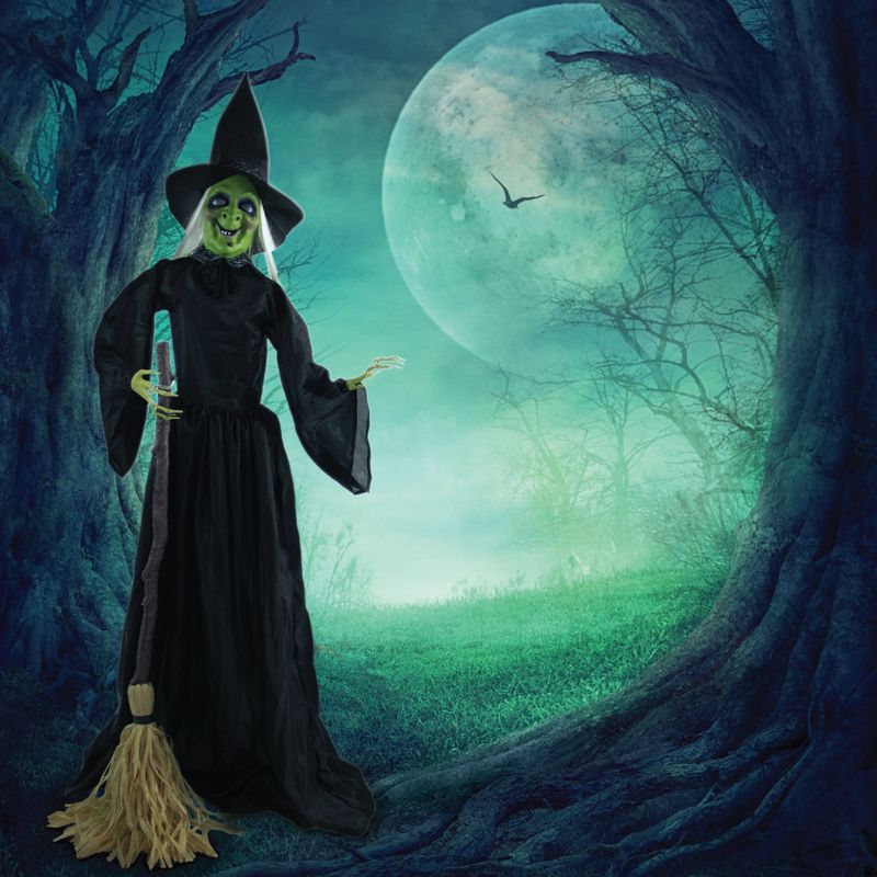 71-In. Animatronic Witch with Broomstick, Indoor or Covered Outdoor Halloween Decoration, Talking, Poseable, Battery-Operated