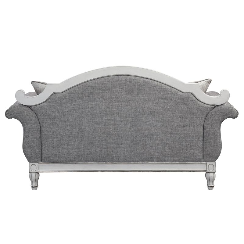 ACME Florian Loveseat w/3 Pillows, Gray Fabric & Antique White Finish