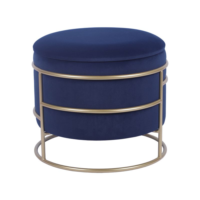 Techni Home Elegant Velvet Round Ottoman with Gold Frame and Storage, Blue