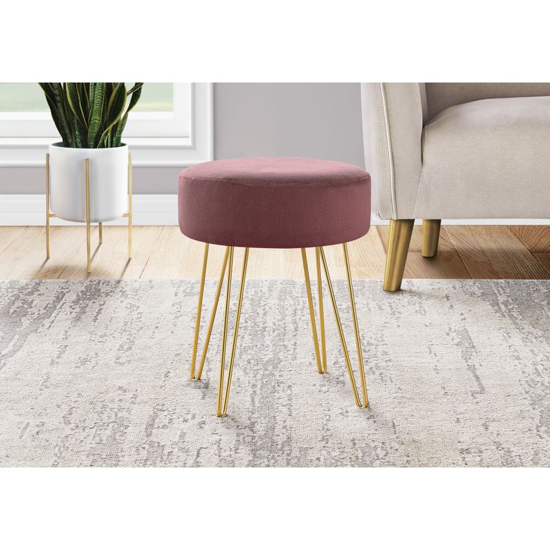 Ottoman/ Pouf/ Footrest/ Foot Stool/ 14" Round/ Fabric/ Metal Legs/ Pink/ Gold/ Contemporary/ Modern