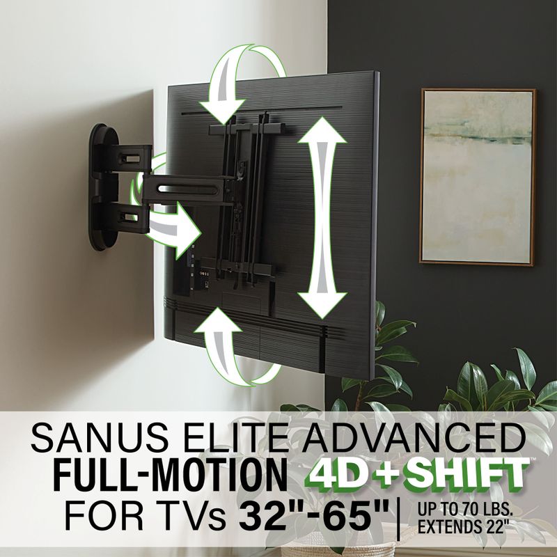 SANUS Elite - Advanced Full-Motion 4D + Shift TV Wall Mount for TVs 32"-65" up to 70 lbs - Shifts up to 6" for Perfect Placement - Black