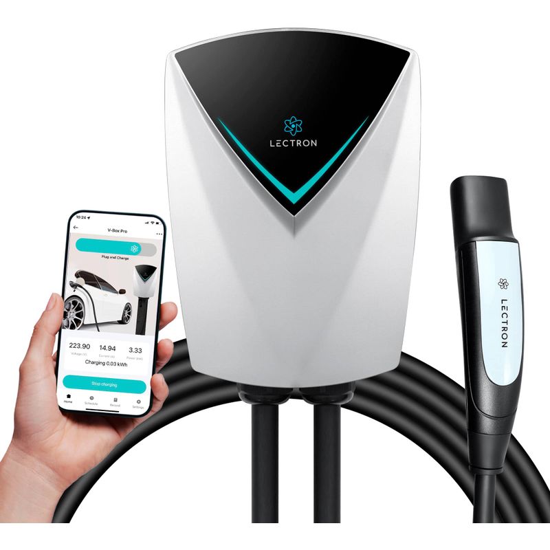 Lectron - Tesla Level 2 NEMA-1450 V-Box Pro App & Wi-Fi Compatible Electric Vehicle (EV) Charging Station-up to 48A- 16' - White