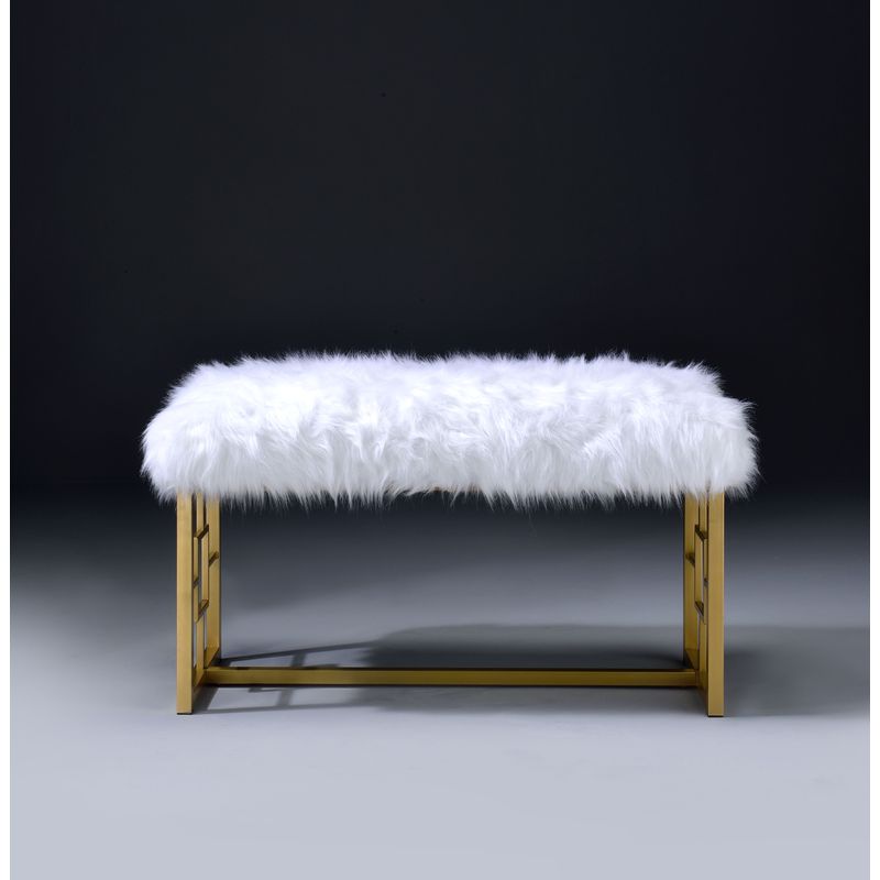 ACME Bagley II Bench, White Faux Fur & Gold