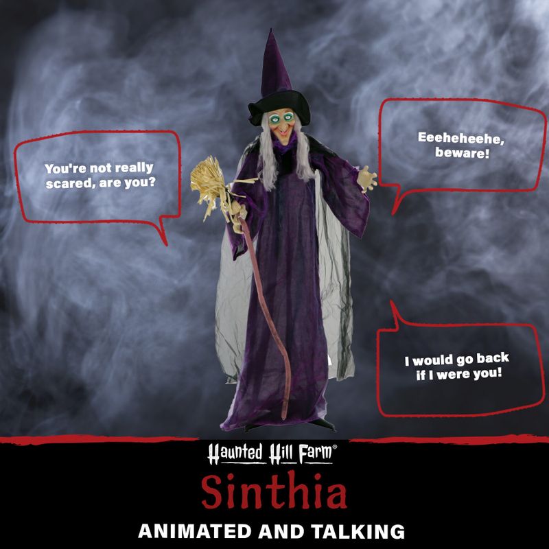 Life-Size Animatronic Witch with Broomstick, Lights and Sound, Indoor/Covered Outdoor Halloween Decoration