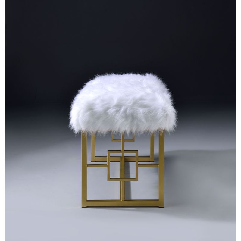 ACME Bagley II Bench, White Faux Fur & Gold
