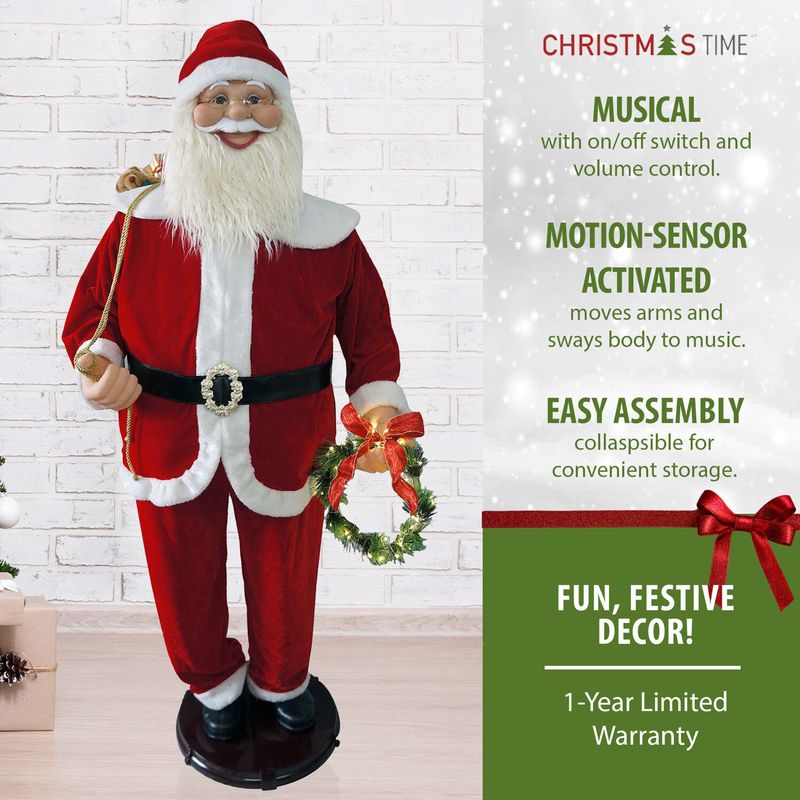 Christmas Time 58-In. Traditional Dancing Santa Claus with Wreath and Gift Sack, Animated Indoor Christmas Holiday Home Decor