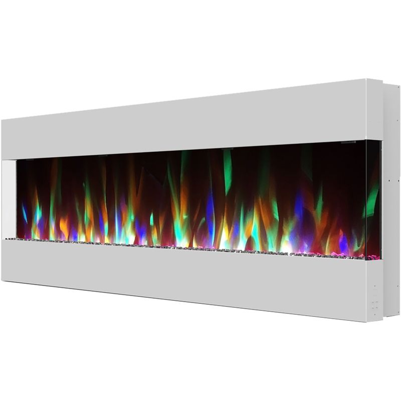 60-In. Recessed Wall Mounted Electric Fireplace with Crystal and LED Color Changing Display, White
