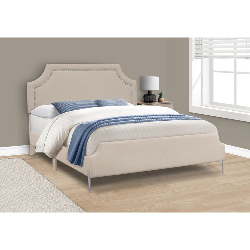 Bed - Queen Size / Beige Linen With Chrome Metal Legs