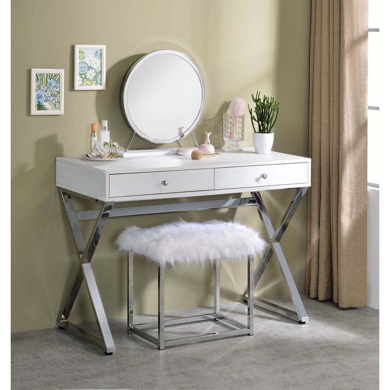 ACME Adao Vanity Mirror & Stool, Faux Fur, Mirror, White & Chrome Finish