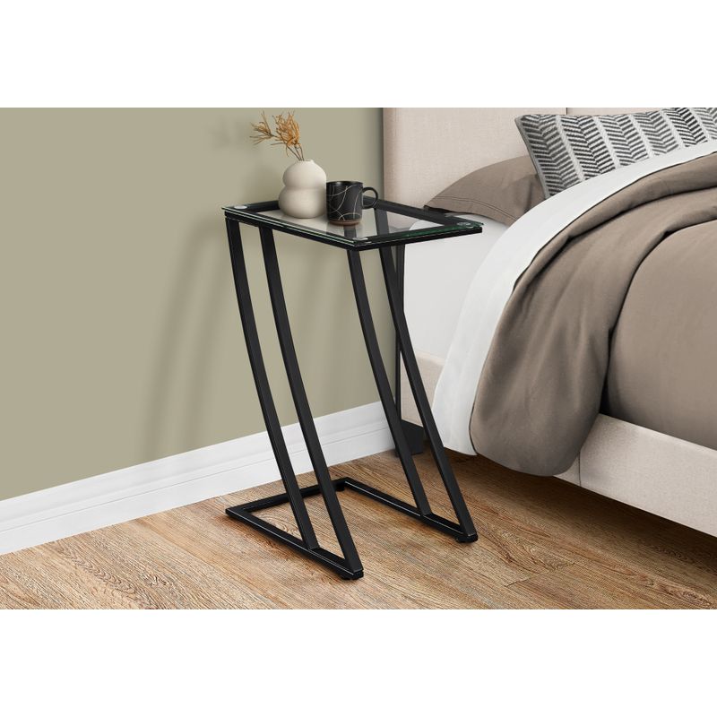 Accent Table/ C-shaped/ End/ Side/ Snack/ Living Room/ Bedroom/ Metal/ Tempered Glass/ Black/ Contemporary/ Modern