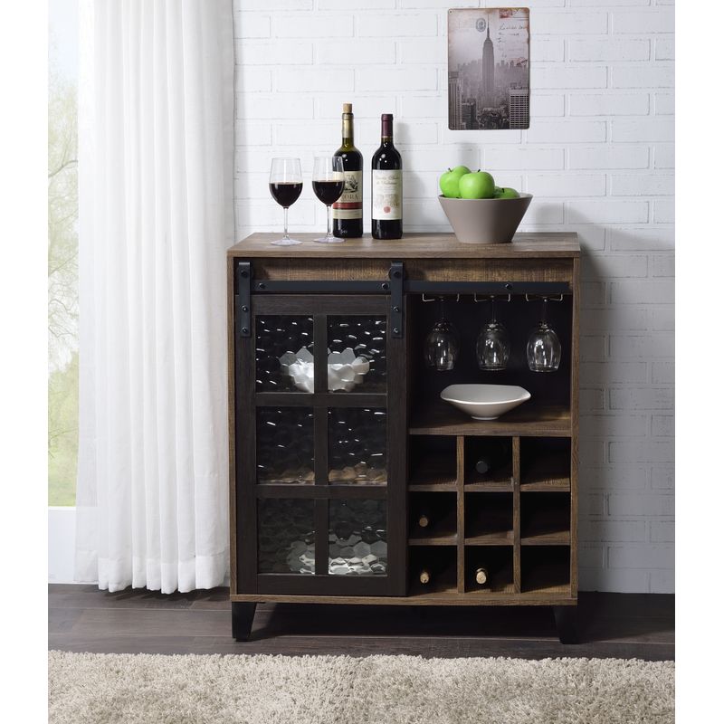 ACME Treju Wine Cabinet, Obscure Glass, Rustic Oak & Black Finish