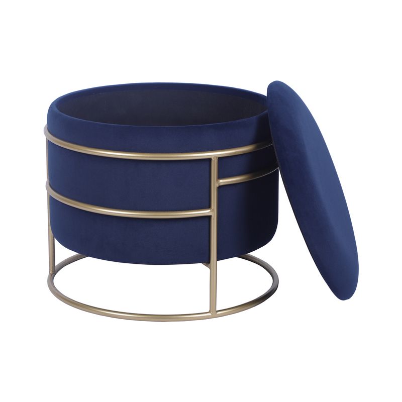 Techni Home Elegant Velvet Round Ottoman with Gold Frame and Storage, Blue