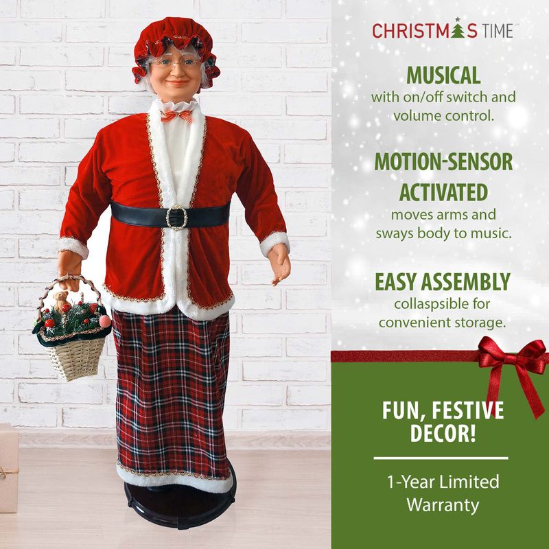 Christmas Time 58-In. Dancing Mrs. Claus with Tartan Skirt and Gift Basket, Animated Indoor Christmas Holiday Home Decor