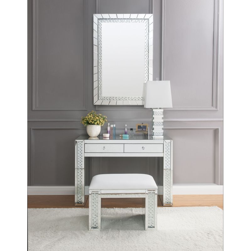 ACME Nysa Vanity Stool, Ivory Synthetic Leather, Mirrored & Faux Crystals