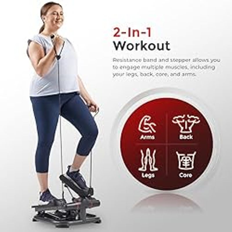 Sunny Health & Fitness 2-in-1 Premium Power Stepper with Resistance Bands, Low-Impact Cardio, Space-Saving, Height-Adjustable, 330 LB Max...