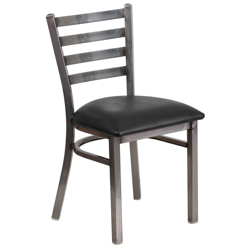 2 Pack HERCULES Series Clear Coated Ladder Back Metal Restaurant Chair - 16.5"W x 17"D x 32.25"H - black vinyl seat/clear coated metal...