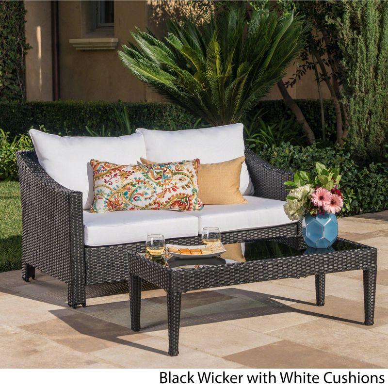 Antibes Outdoor 2-piece Wicker Sofa Set with Cushions by Christopher Knight Home - Brown with Beige
