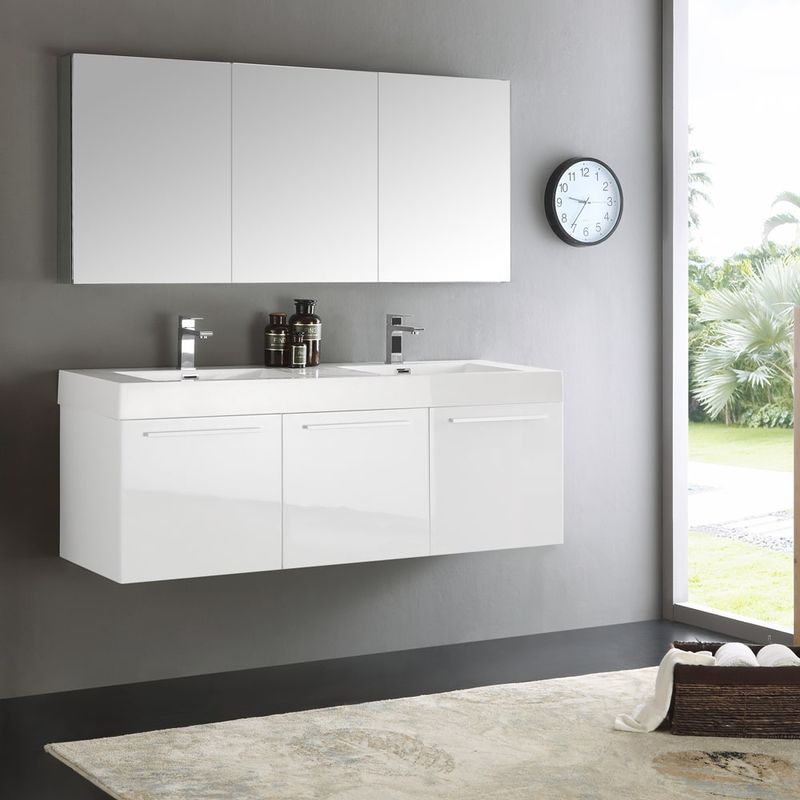 Fresca Vista White 60-inch Wall-hung Double-sink Bathroom Vanity with Medicine Cabinet - Vista 60" White Wall Hung Double Sink Vanity