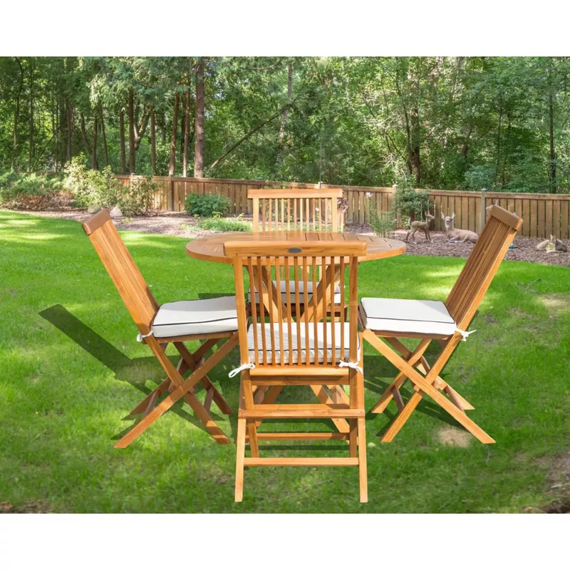 Chic Teak 5 Piece Teak Wood California Dining Set with 47" Round Folding Table and 4 Folding Side Chairs - Brown - 5-Piece Sets