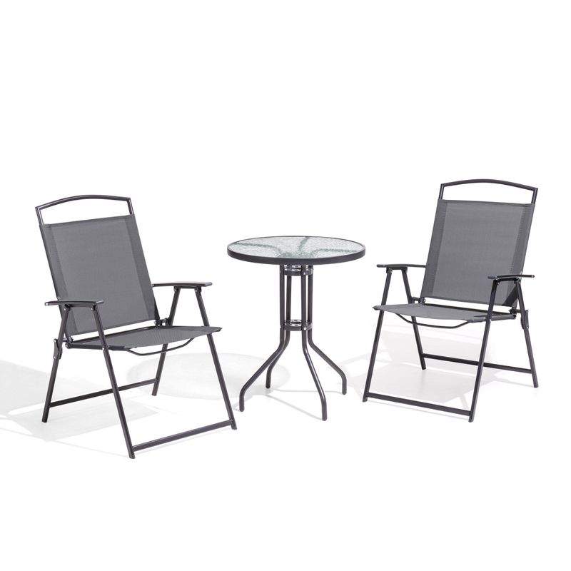 Pellebant 3 Piece Folding Outdoor Patio Bistro Set With Glass Table - N/A - Grey
