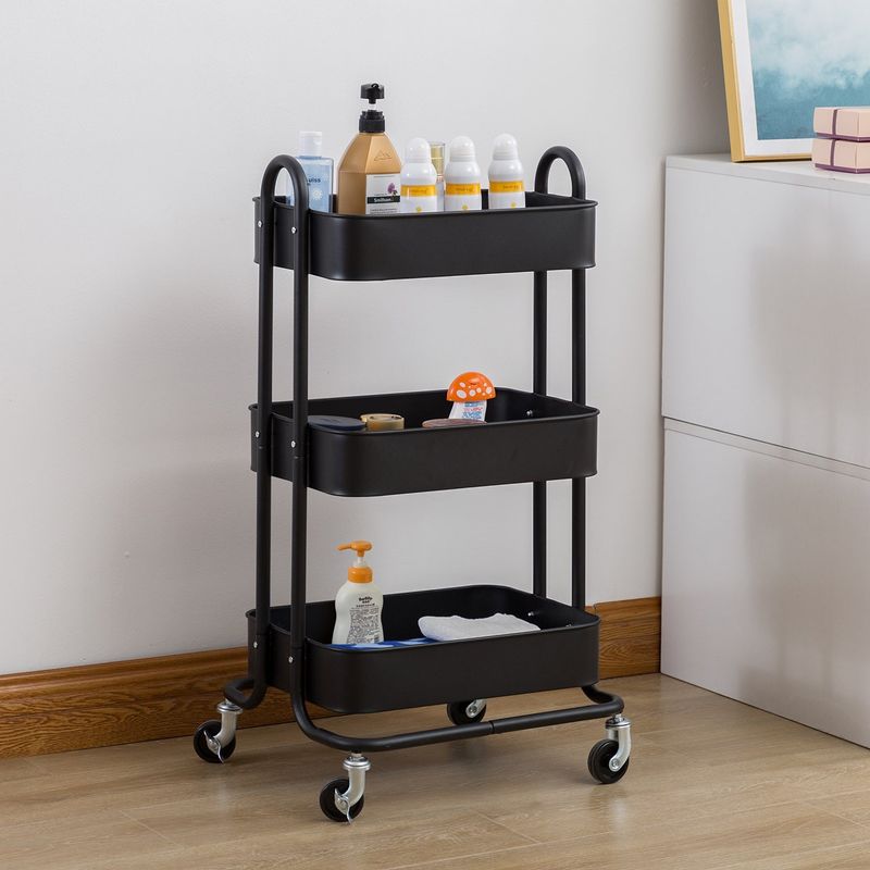 Siavonce Storage Trolley On Wheels Utility 3-Tier Metal Shelving - 17.7" L x 13.7" W x31" H - Black - Kitchen Cart - Stainless Steel