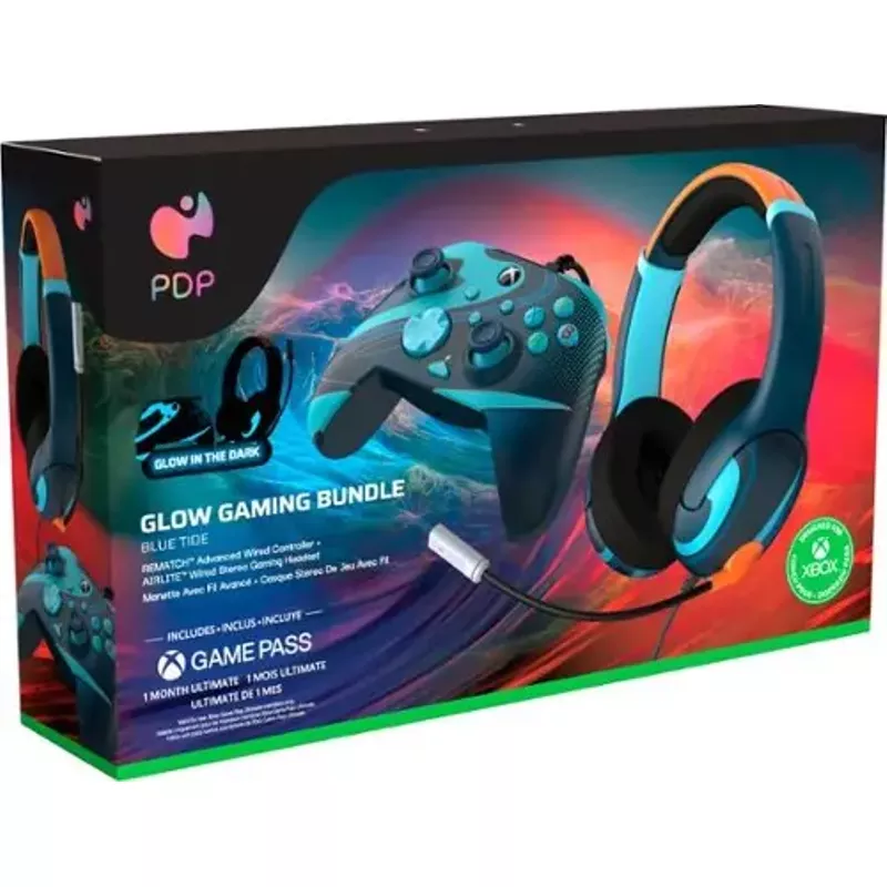 PDP - Blue Tide Bundle Pack: REMATCH GLOW Advanced Wired Controller & AIRLITE GLOW Wired Headset: Xbox Series X|S, XBOne, & PC - Blue Tide