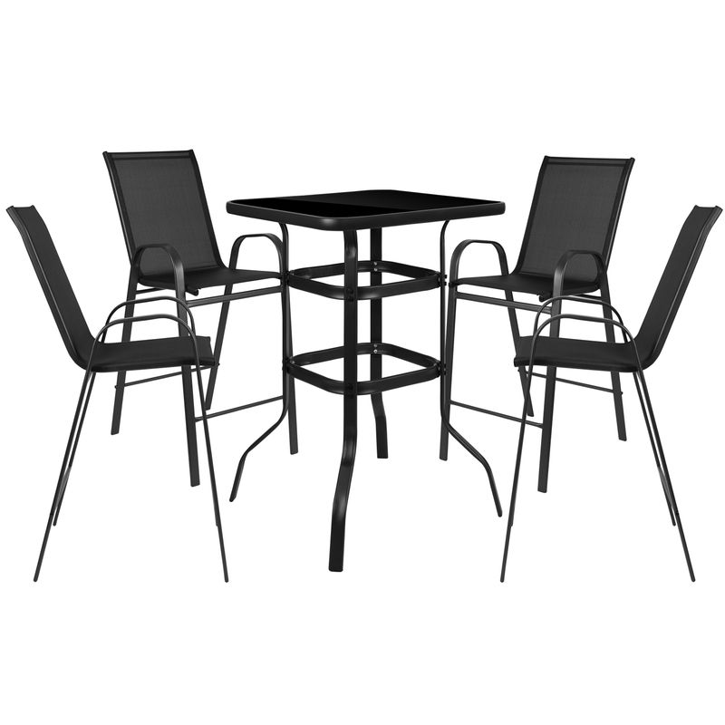 5 Piece Outdoor Glass Bar Patio Table Set with 4 Barstools - Grey