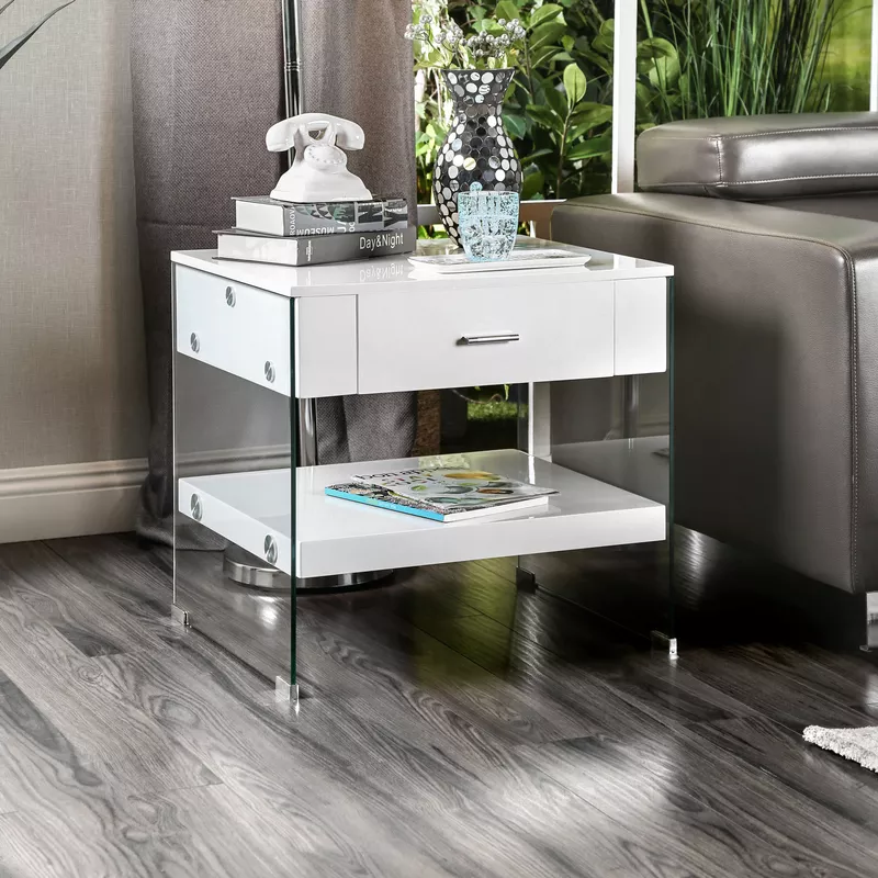 Contemporary Wood Top Storage End Table in White