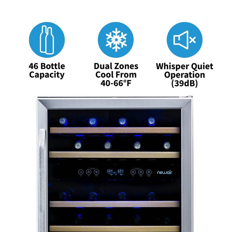 NewAir 24 Built-in 46 Bottle Dual Zone Compressor Wine Fridge, Quiet Operation with Beech Wood Shelves - Silver