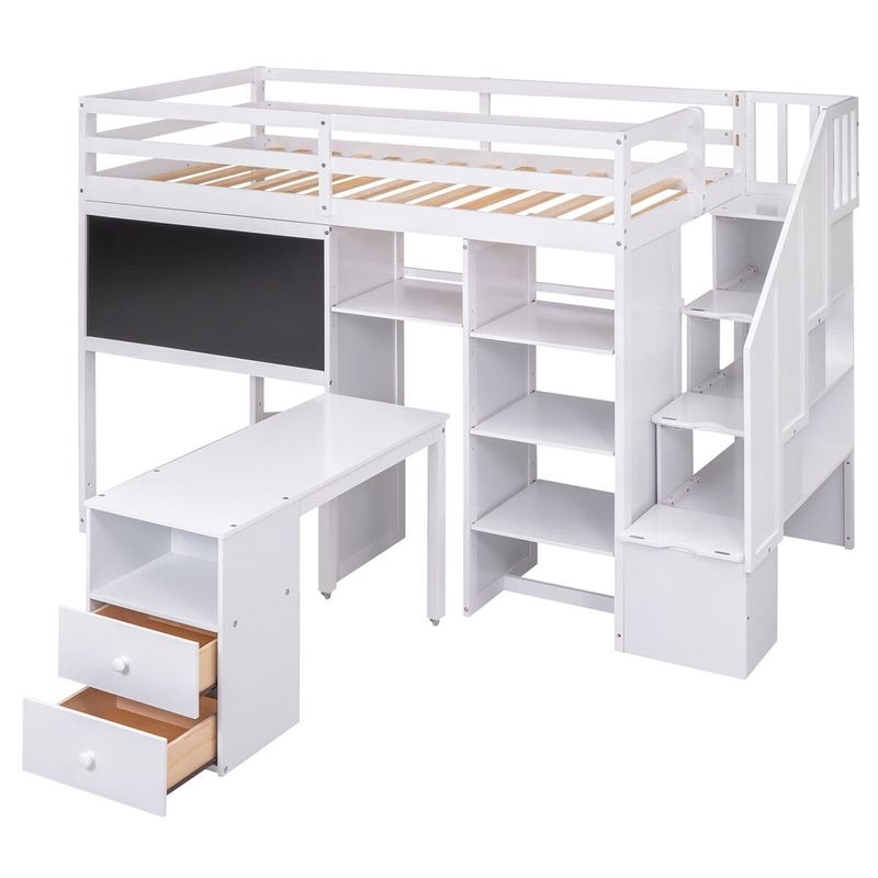Merax Twin Loft Bed with Pullable Desk and Storage Shelves, Staircase and Blackboard- - Grey