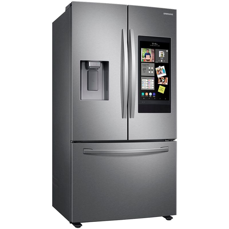 Angle Zoom. Samsung - 26.5 cu. ft. Large Capacity 3-Door French Door Refrigerator with Family Hub and External Water & Ice Dispenser - Stain